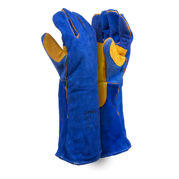 Premium Blue Leather Lined Welding Gloves With Yellow Palm Reinforcing - 20cm Cuff
