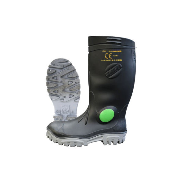 Heavy duty gumboot steel toe cap- steel mid sole - green dot- black/grey